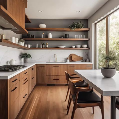 3x3 Kitchen Design, Timber Toffee Cabinets, Medium Kitchen Ideas, Wood Upper Cabinets, Open Wood Shelves Kitchen, Kitchen Midcentury Modern, Kitchen With Beams, Scandi Kitchen Ideas, Single Wall Kitchen Layout