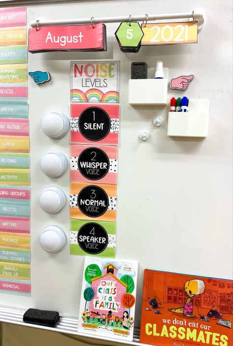 Cute Kindergarten Bulletin Board Ideas, 1st Grade Name Tags, 2nd Grade Classroom Inspiration, Best Classroom Setup, Prek Room Decor, 1st Grade Decorations, Daycare Classroom Organization, Classroom List For Teachers, Classroom Whiteboard Ideas Organization