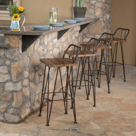 Edward Outdoor Industrial Acacia Wood Barstools with Iron Frame, Set of 4, Teak, Rustic Metal, Brown Industrial Barstools, Brown Bar Stools, Industrial Bar Stools, Patio Bar Stools, Patio Backyard, Industrial Wood, Wood Patio, Wood Bar Stools, Outdoor Bar Stools