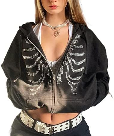 Women's Y2k Zip Up Hoodie Aesthetic Graphic Hooded Sweatshirt Rhinestone Skeleton Pullover E-Girl 90s Streetwear Jacket Rhinestone Skeleton, Hoodie Skeleton, Grunge Sweatshirt, Hippie Women, Skeleton Pattern, Japanese Jacket, Lady Jacket, Skeleton Hoodie, Girl Punk