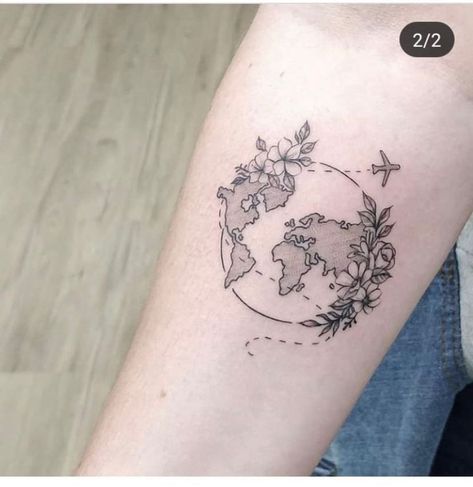 Earth Tattoo With Flowers, World And Flower Tattoo, Globe With Flowers Tattoo, Flower Travel Tattoo, Globe Tattoos For Women, World Tattoos For Women, World Globe Tattoos, Earth Tattoo Ideas, Cat Veterinary