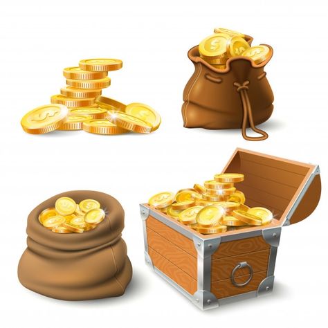 Golden coins stacks. coin in old sack, l... | Premium Vector #Freepik #vector #gold #money #metal #golden Background Money, Golden Coins, Money Icons, Game Gui, Golden Coin, Cartoon 3d, Coin Shop, Dollar Coin, Wooden Chest