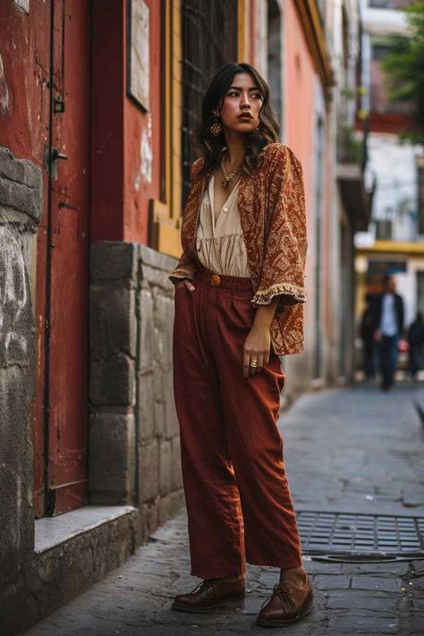 Ethereal Work Outfit, Hippy Outfits Winter, Power Clashing Outfits, Hippie Work Outfits Women, Boho Corporate Outfit, Fairy Hippie Outfits, Fashion 2024 Fall, Colorful Chic Outfit, Artsy Work Outfits