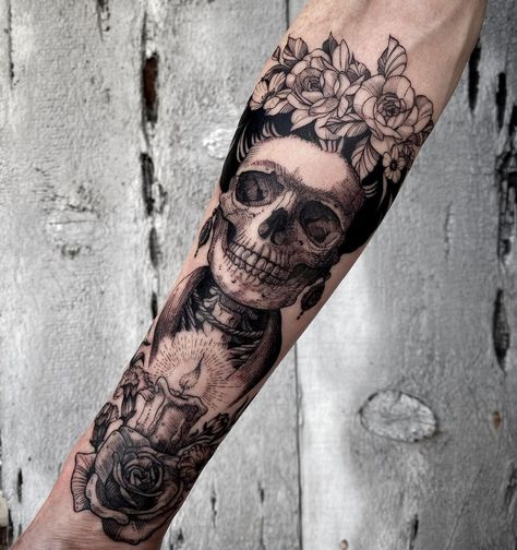 Hispanic Tattoos For Women, Dia De Los Muertos Tattoo Ideas, Hispanic Tattoos, Muertos Tattoo, Satanic Tattoos, Arm Sleeve Tattoos For Women, Artsy Tattoos, Rose Tattoos For Women, Skeleton Tattoos