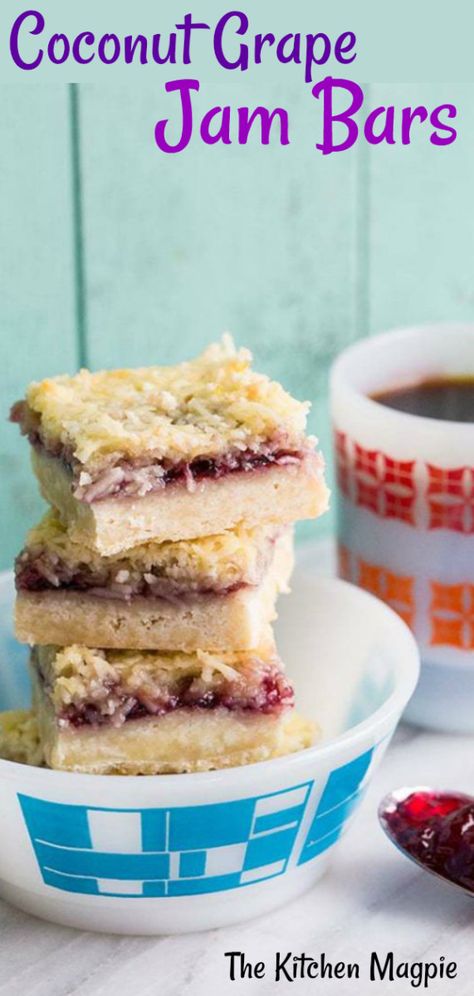 Coconut Grape Jam Bars Raspberry Coconut Bars, Grape Jam Recipe, Grape Dessert, Jam Bars, Bread Bar, Coconut Jelly, Jelly Desserts, Grape Jam, Grape Recipes