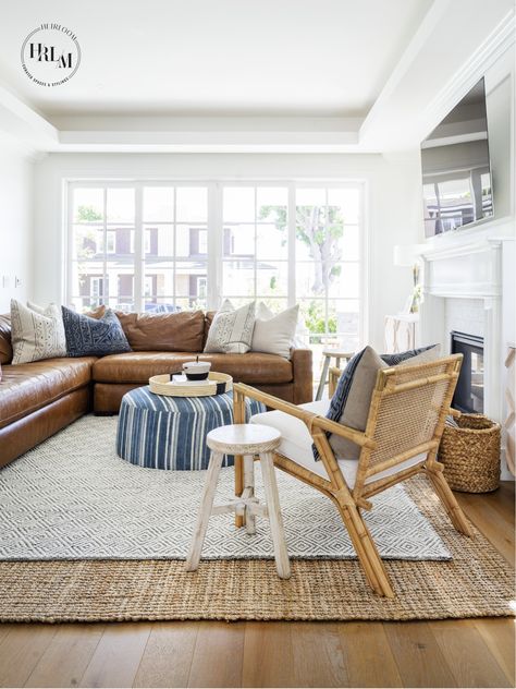 California Coastal Living Room, Blue And Cream Living Room, Brown Leather Couch Living Room, Modern Coastal Living Room, Tan Living Room, Living Room Coastal, Brown Sofa Living Room, Leather Couches Living Room, Brown Couch Living Room