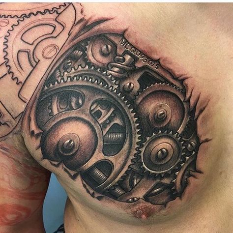 Gears Tattoo Sleeve, Biomechanical Chest Tattoo, Gear Head Tattoo Ideas, Gears Tattoo, Bio Mechanical Shoulder Tattoo, Biomech Chest Tattoo, Chest Tattoo Wings, Patterns Quotes, Chest Tattoos For Men