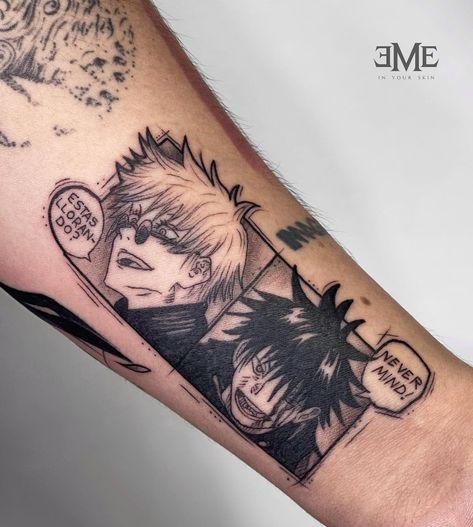 Gojo Satoru and Fushiguro Megumi frames from the manga tattoo Megumi Fushiguro Tattoo, Jujutsu Kaisen Tattoo Ideas Gojo, Gojo Satoru Tattoo Ideas, Megumi Tattoo, Gojo Satoru Tattoo, Shellback Tattoo, Jujutsu Kaisen Tattoo Ideas, Jujutsu Kaisen Tattoo, Gojo Tattoo