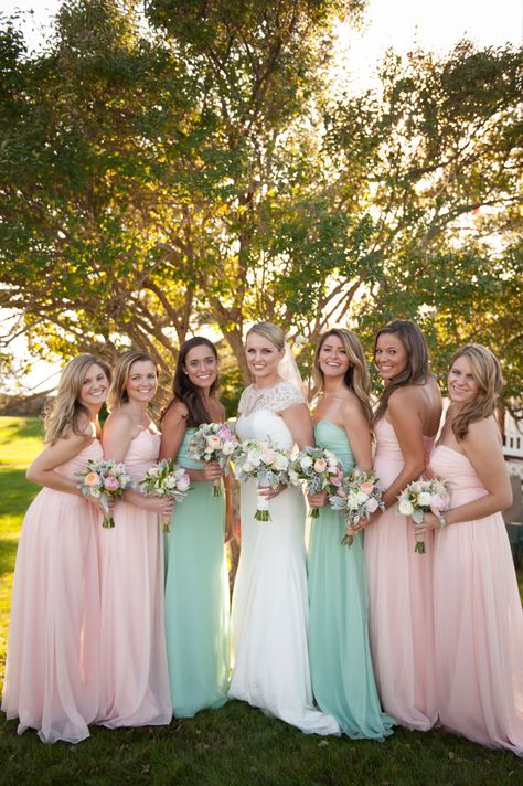 Kennebunkport Wedding, Peach Wedding Colors, Pastel Gown, Pastel Bridesmaids, Wedding Mint, Mint Bridesmaid, Mint Bridesmaid Dresses, Pastel Bridesmaid Dresses, Stunning Bridesmaid Dresses