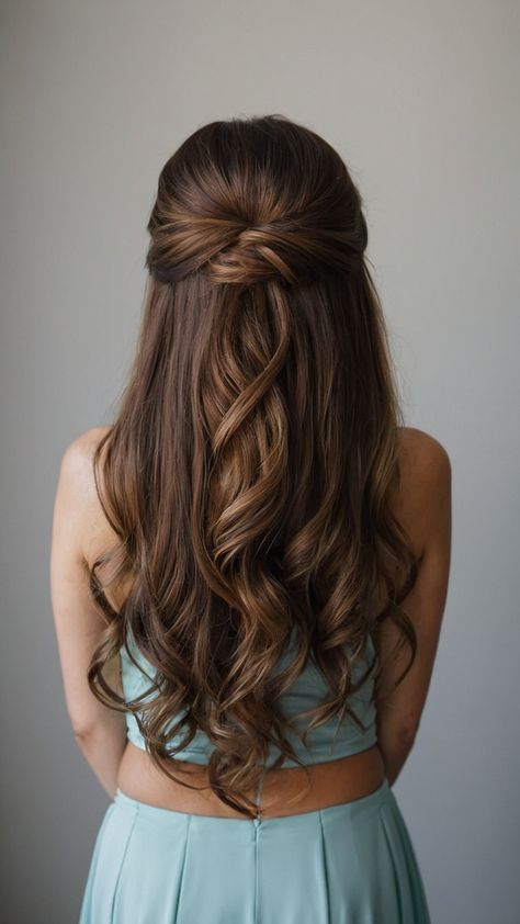 Half Up Half Down Layered Hairstyles, Brunette Half Up Half Down Hair, Hairstyle For Maid Of Honor, Hair Styles For Bridesmaids Half Up Half Down, Bridesmaid Hairstyles Layered Hair, Bridesmaid Hair Medium Length All Down, Wedding Hair Half Up Half Down Brunette, Hairstyles Half Up Half Down Curly, Half Bun Curly Hair