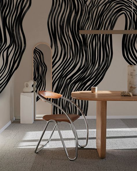 Flowline in black - Hand painted brushstrokes lines up into an organic shape. A classic wall mural made to be customized for your space. Shop all belarte icons wall murals at www.belartestudio.com Modern Mural, Classic Wall, Black Hand, Organic Shapes, Wall Mural, Brush Strokes, Wall Murals, Dining Room, Mural