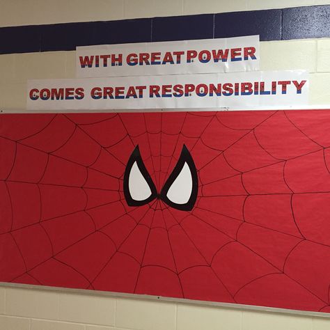 Spider-Man bulletin board Spiderman Bulletin Board, School Spirit Ideas Pep Rally, Encouragement Board, Homecoming Poster, Homecoming Poster Ideas, Homecoming Posters, Pep Rally, Marvel Posters, Athletic Girls