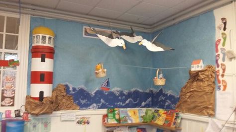 Lighthouse Keepers Lunch Display, Beach Display Classroom, The Lighthouse Keepers Lunch Activities, The Lighthouse Keepers Lunch, Lighthouse Keepers Lunch Activities, Lighthouse Classroom Theme, Lighthouse Decorations, Lighthouse Keepers Lunch, Lighthouse Theme