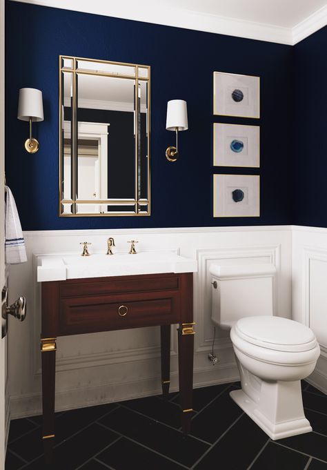 Bathroom Paint Color Ideas, Bathroom Paint Color, Blue Bathroom Walls, Bachelor Pad Decor, Dark Blue Bathrooms, Peach Bathroom, Mens Bathroom, Man Bathroom, Navy Bathroom