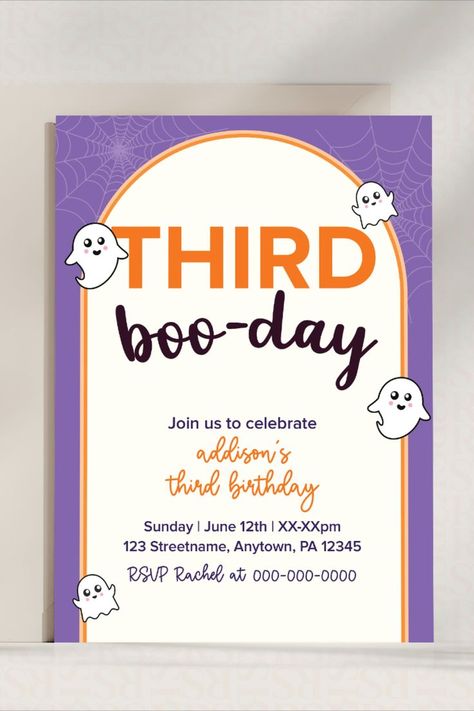 halloween third birthday party invite with cute ghost theme | editable digital download Third Birthday Halloween Theme, 3rd Birthday Halloween Theme, 3rd Birthday Party Themes Girl, 3rd Girl Birthday Party Themes, Girls Third Birthday Party Ideas, Girl Third Birthday Party Theme, Third Birthday Theme Girl, Third Birthday Girl Theme Ideas, Third Birthday Party Ideas