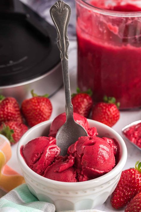 Ninja CREAMi strawberry sorbet Vegan Sorbet, Ninja Creami Recipes, Ninja Ice Cream Recipe, Sorbet Is, Watermelon Sorbet, Nice Cream Recipe, Creami Recipes, Vanilla Bean Powder, Strawberry Sorbet