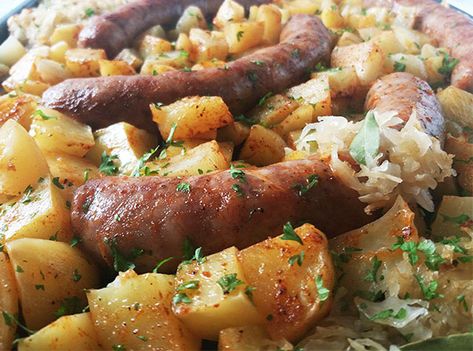 Sheet Pan Roasted Potatoes, Sausage and Sauerkraut: baked slowly while bathed in beer …  Let's have something perfectly suitable for week day, game day, every Sheet Pan Roasted Potatoes, Sauerkraut Potatoes, Sausage And Sauerkraut, Pan Roasted Potatoes, Sausage Sauerkraut, Salted Potatoes, Cabbage Head, Sauerkraut Recipes, Winter Comfort Food