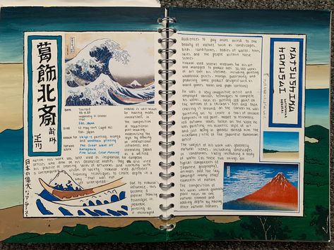 Double Page Artist Research, Hokusai Sketchbook, Art Gcse Layout, Gcse Ceramics, Katsushika Hokusai Art, Artist Research Page, Gcse Sketchbook, Hokusai Art, Aesthetic Sketchbook