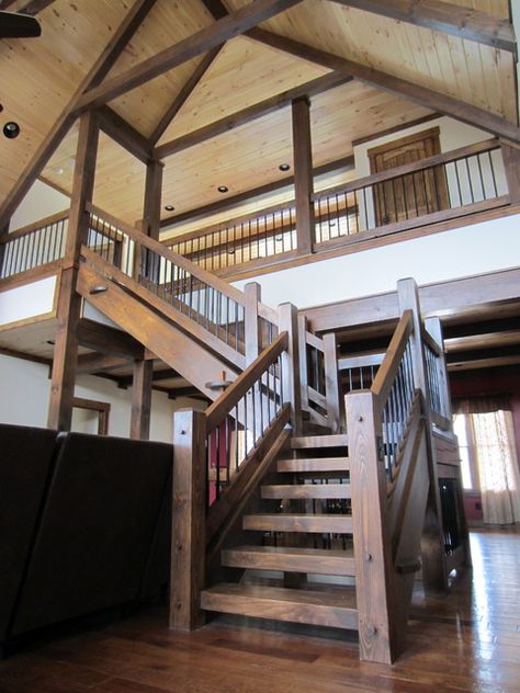 Timber Stairs Internal, Timber Frame Stairs, Cabin Loft Railing, Timber Railing, Airbnb Inspiration, Craftsman Staircase, Cabin Stairs, Loft Railing, Montana Cabin