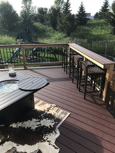 Trex Deck Railing Bar Top, Bar Deck Railing, Bar Ledge On Deck Railing, Deck Bar Railing Ideas, Deck Bar Railing, Deck Rail Bar, Deck Railing Bar, String Lights Wall, Southwest Rug