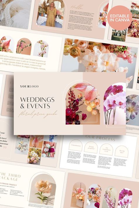 This 20 page digital wedding pricing guide brochure is designed specifically for wedding florists, and it include everything from pricing lists, packages, FAQ's, process, maximising your flower budget tips, budgeting for wedding flowers and vendor recommendations. The perfect florist brochure to include in your client welcome pack with helpful information that builds trust with potential clients! This floristry business template is completely editable in Canva. Welcome Brochure, Flower Portfolio, Wedding Pricing, Wedding Pricing Guide, Pricing List, Guide Template, Price Guide, Wedding Florist, Florist