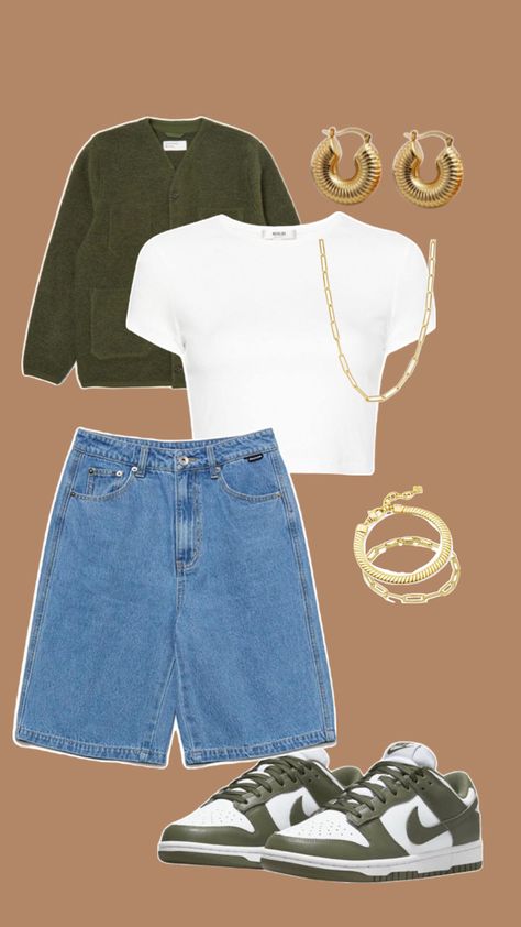 Green cardigan outfit. Green cardigan. Dad jean short outfit. Green dunks. Green and gold accessories Green Dunks, Green Cardigan Outfit, Jean Short Outfits, Cardigan Outfit, Fall Color Palette, Dad Jeans, Jean Short, Green Cardigan, Cardigan Outfits