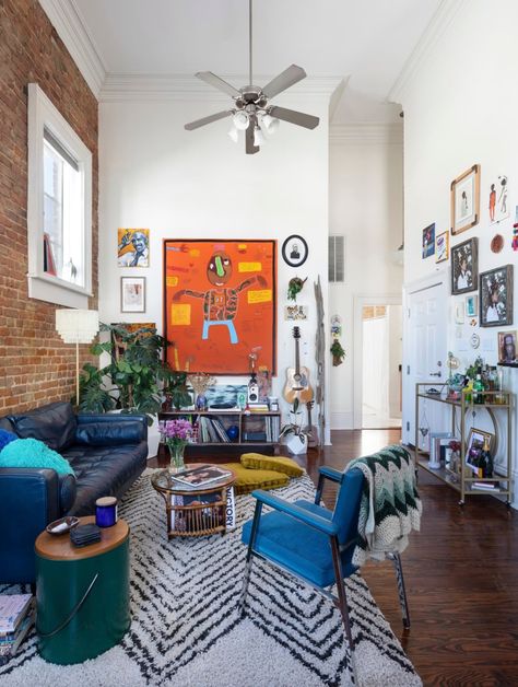 There are plenty of forgotten spots to hang and place art, and sometimes displaying your favorites somewhere unexpected can make your space more dynamic and help you fall in love with your pieces all over again. New Orleans Apartment, Art Apartment, House Shutters, Colorful Apartment, Rental Apartment, Apartment Tour, Blue Paint Colors, Tall Ceilings, Deco Boheme