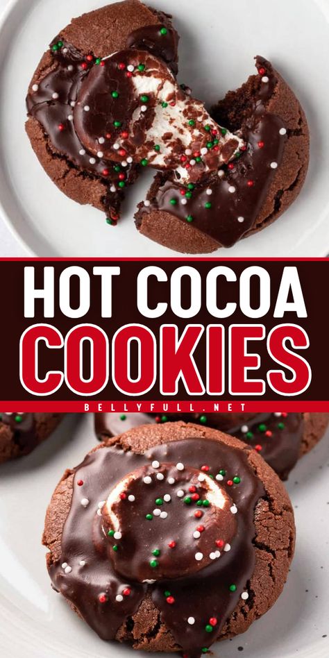 Indulge in Hot Cocoa Cookies, where chocolate cookie meets brownie bliss and the cozy warmth of hot cocoa with marshmallows. This Christmas dessert recipe is a festive treat that will delight your taste buds. Bake them and enjoy the best Christmas cookies ever! Hit Cocoa Cookie, Hot Chocolate Cookies Recipe, Hot Chocolate Cookie Recipes, The Best Christmas Cookies, Hot Cocoa Cookies, Flourless Cookies, Chewy Chocolate Cookies, Christmas Desserts Easy, Hot Chocolate Cookies