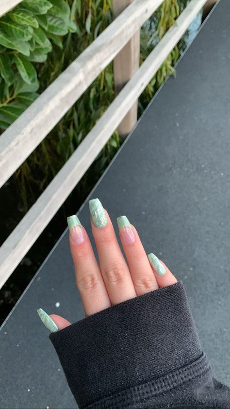 Coffin Sage Green Nails, Sage Green Nails Glitter, Sage Green Birthday Nails, Light And Dark Green Nails, Green Marble French Tip, Sage Green Marble Nails, Marble Glitter Nails, Sage Green French Tip Nails, Sage Green Nail Designs