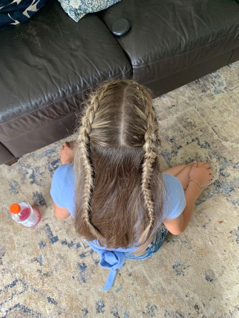 Braid Concert Hair, Hair Inspo Easy, French Braid Softball Hair, Cheer Hair Styles Half Up Half Down With Bow, Hairs For Volleyball, Half Up Half Down Braid, Half Up Braid, Braid Pigtails, Durch Braid Pigtails