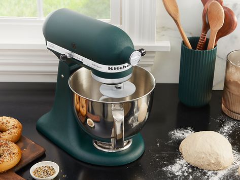 Bagel dough on a countertop next to a blue-green KitchenAid® stand mixer Kitchenaid Aesthetic, Green Kitchenaid Mixer, Green Kitchenaid, Kylie Aesthetic, Pilgrim House, Kitchenaid Refrigerator, Countertop Oven, Homemade Bagels, Countertop Appliances