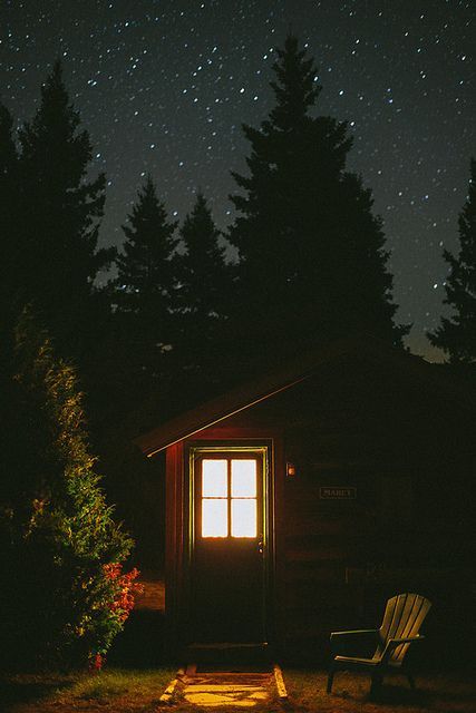 cabin on lake at night | The Marcy Cabin at night under a starry sky at Mt. Van Hoevenberg Bed ... The Woods At Night, Woods At Night, One Room Cabin, Little Cabin, A Cabin, Lake Placid, Cabin In The Woods, Small Cabin, Cabins And Cottages