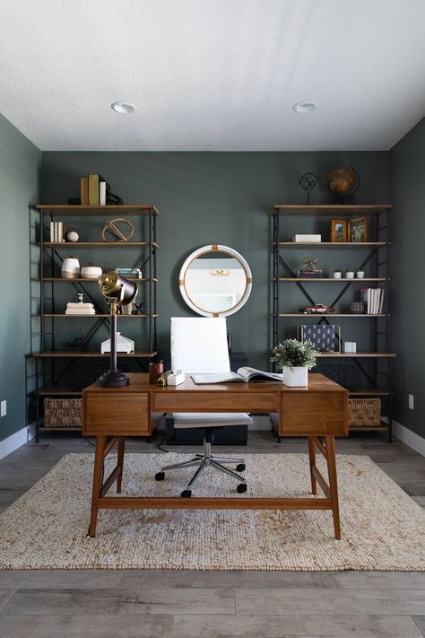 green office walls + wooden desk + home office design + moody home office + open shelving + home office inspiration + large area rug | Whitney and Co Design Tower Furniture, Studio In Casa, Green Home Offices, Moody Home Decor, Modern Office Interiors, Work Office Decor, Office Inspo, Office Makeover, Reno Ideas