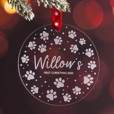 Personalised dog's first Christmas Decoration. Celebrate your dog's first Christmas with a beautiful personalised lasercut decoration. Each decoration is individually made to order with your personalisation and ready to hang with gorgeous red ribbon printed with white stars. The design is lasercut from 3mm clear perspex. Please note: decorations are personalised to your specific requirements are non-refundable, unless faulty.  3mm clear Persex Cricut Vinyl Christmas Projects, Dog First Christmas Ornament, Personalized Acrylic Christmas Ornaments, Cricut Christmas Decorations Diy, Christmas Cricut Decorations, Personalised Christmas Ornaments, Christmas Cricut Decor, Acrylic Christmas Ornaments Cricut, Diy Christmas Ornaments Cricut