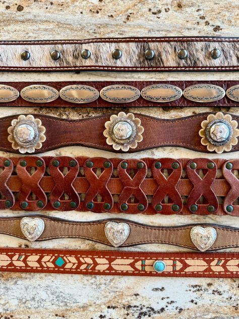 Western Concho Belt Ariat Brighton Nocona Dundee brown Turquoise Silver Brass studs star heart Hair on SCROLL DOWN 4 INFO ....CHOOSE ONE (of 6) Belts 1)Horse Buckle Removable, Ariat topstitch Brown Leather hair on studs 34x 1 1/8", 6 holes" 24.5-30, size 28, $130  2) Brighton silver scroll Buckle stay, Brown scroll ovals 35x 7/8" 5 holes: 28-32", $88 3) Silver floral scroll Buckle stay tip, Dundee, shaped Brown Leather, flower star Concho, 36x 1 1/2", 5 holes: 28-32, size 30, $148  4) Brass/Bron Concho Belt, Leather Flower, Heart Hair, Brown Leather