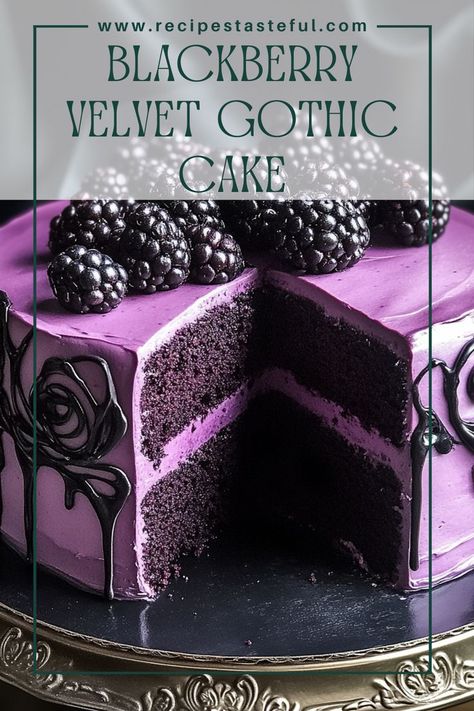 A luscious Blackberry Velvet Cake with rich chocolate ganache and a sweet, tangy blackberry filling. Perfect for special occasions or a decadent treat! Dark Romance Cake Recipe, Wiccan Desserts, Cherry Cake Ideas, Blackberry Cake Filling, Gothic Recipes, Gothic Desserts, Black And Pink Cake, Wicked Cake, Blackberry Frosting