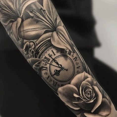 Clock Sleeve Tattoo For Women, Floral Clock Tattoos For Women, Clock Tattoo Design Women Arm, Cool Sleeve Tattoos For Women, Clock Tattoo Ideas For Women, Clock Tattoos For Women, Time Clock Tattoo, Clock Eye, Tattoo Clock