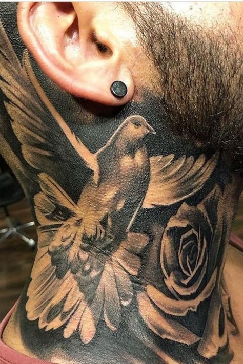 29 Bird Neck Tattoo Ideas: Freedom & Symbolism Dove Neck Tattoo, Pigeon Tattoo, Hals Tattoo Mann, Front Neck Tattoo, Full Neck Tattoos, Best Neck Tattoos, Side Neck Tattoo, Tattoos Infinity, Throat Tattoo