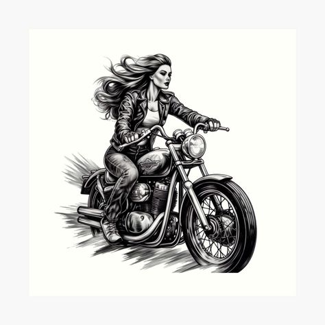 Get my art printed on awesome products. Support me at Redbubble #RBandME: https://www.redbubble.com/i/art-print/Woman-Riding-Motorcycle-by-madrelunadesign/153562392.1G4ZT?asc=u Girly Motorcycle Tattoo, Motorcycle Couple Tattoo Ideas, Motorcycle Tattoo For Women, Female Motorcycle Tattoo, Motorcycle Riding Drawing, Biker Babe Drawing, Woman On Motorcycle Tattoo, Motorcycle Pinup Tattoo, Women Riding Motorcycles