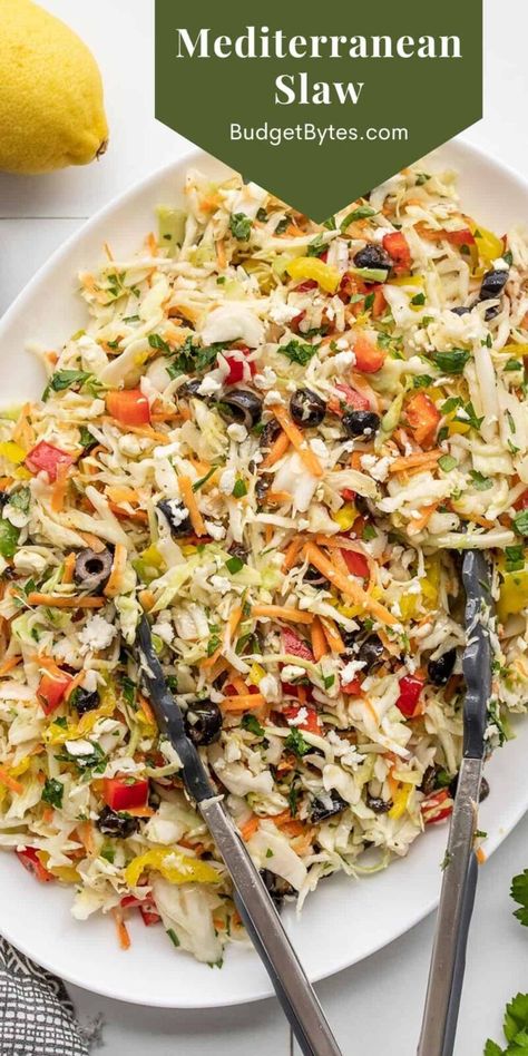 Skinnytaste Recipes Salads, Greek Coleslaw Recipe, Mediterranean Coleslaw Recipe, Different Coleslaw Recipes, Light Coleslaw Recipe, Homemade Method Recipes, Greek Side Dishes Vegetables, Mediterranean Slaw, Greek Vegetables Side