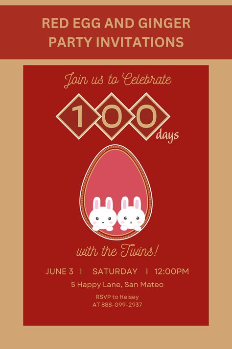 Introducing our vibrant and exciting 100 Day Twins Party Invitation Digital Download! Celebrate a significant milestone with friends and family by inviting them to join you for a memorable event. This digital invitation is designed to capture the joy and enthusiasm surrounding the 100th day milestone and set the perfect tone for your party for twins Red Egg And Ginger Party, Party Invites, Invitation Digital, 100th Day, Celebration Party, 100 Days, Party Invitations, Ginger, Twins