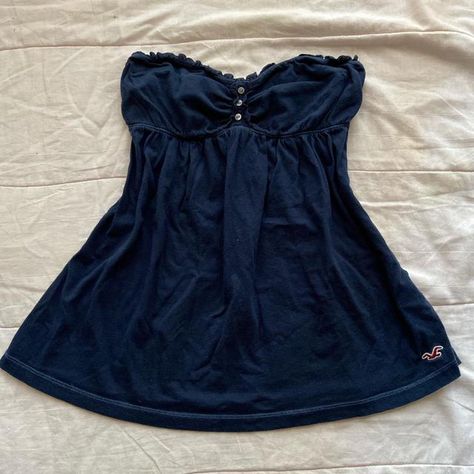 Navy Blue Coquette Outfits, 200s Shirts, Siren Core Outfits Casual, Cute Blue Tops, Hollister Babydoll Top, Thrifted Tops, 2000s Shirts, Strapless Blouse, 2000s Clothing