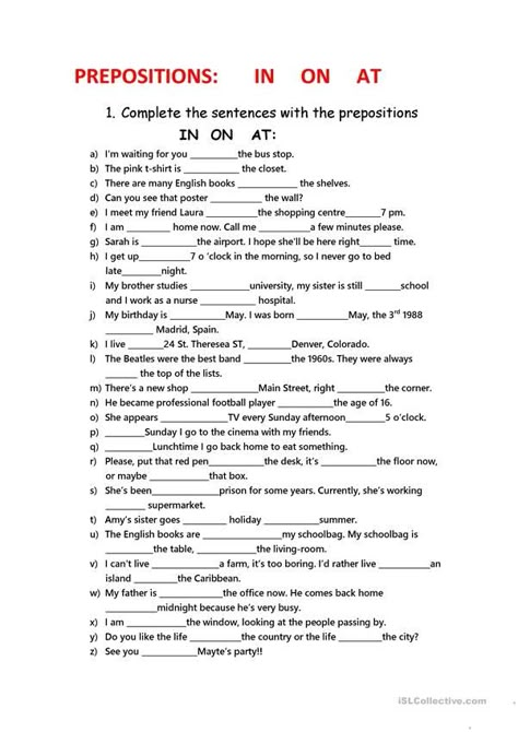 On And In Worksheets, Esol Worksheets, In On At, English Grammar Test, Preposition Worksheets, English Prepositions, English Grammar Exercises, Practice English, Prepositional Phrases