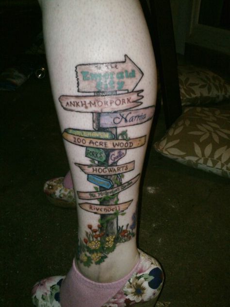 With color! My crossroad-sign tattoo w/importantly awesome book places. Road Sign Tattoo Ideas, Signpost Tattoo, Road Sign Tattoo, Crossroads Tattoo, Crossroad Sign, Book Tattoos, Tattoo Quotes For Men, Country Tattoos, Sign Tattoo