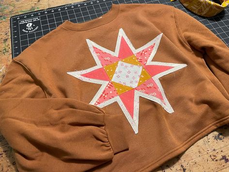 Make your own Quilt Block Star Sweatshirt — She Makes Joy Quilt Block Sweatshirt Diy, Sweatshirt With Quilt Block, Quilt Block On Sweatshirt, Quilt Square Sweatshirt, Quilt Patch Sweatshirt, Quilt Applique Sweatshirt, Quilt Block Sweatshirt, Patchwork Sweatshirt Diy, Quilt Sweatshirt