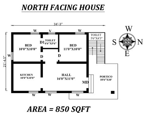 34'x21'5" 2BHK North Facing House Plan As Per Vastu Shastra, Autocad DWG file Details - Cadbull 20×30 House Plan, North Facing House Plan, 800 Sq Ft House, 20x30 House Plans, 1 Bedroom House Plans, House Plans Australia, Budget House Plans, North Facing House, 20x40 House Plans