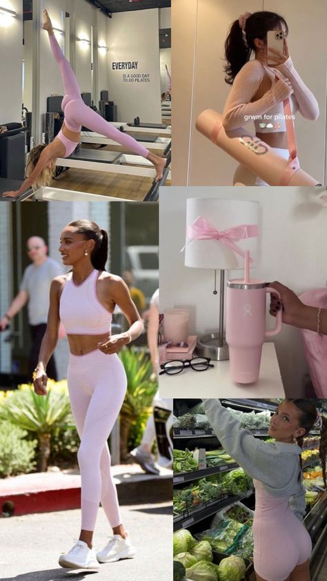 That girl aesthetic for a pink Pilates princess Princess Mood Board, Pilates Body Goals, Gym Bag Essentials Women, Mood Board Wallpaper, Gym Girlie, Summer Workout Outfits, Pilates Outfit, Pilates Workout Routine, Board Wallpaper