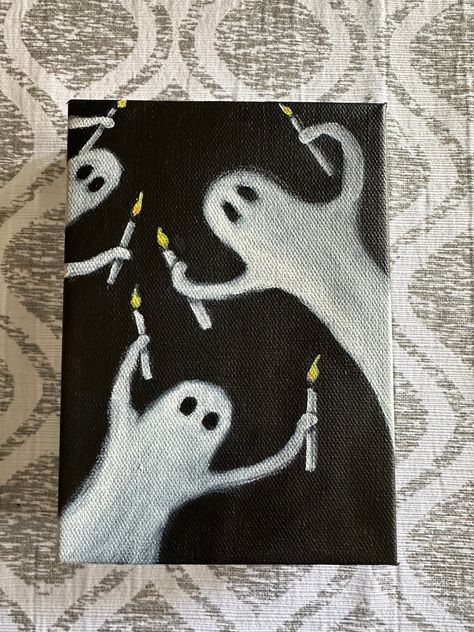 Spooky Ghost Paintings Easy, Easy Ghost Painting, Ghost Drawing Easy, Halloween Canvas Art, Cute Easy Paintings, Black Canvas Art, Small Wall Hangings, Hanging Candles, Halloween Painting