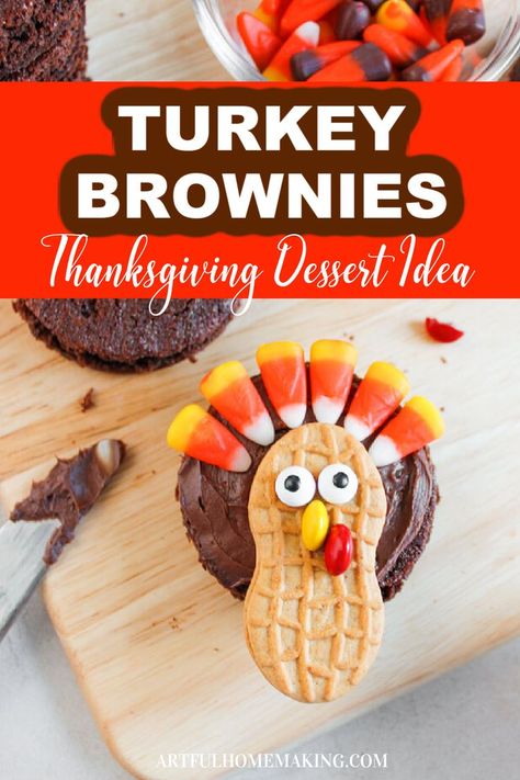 a Thanksgiving turkey brownie dessert made with cookies, candy corn, and M&Ms Brownies Thanksgiving, Turkey Brownies, Thanksgiving Brownies, Thanksgiving Turkey Treats, Turkey Desserts, Cookies And Candy, Fun Holiday Treats, Turkey Treats, Thanksgiving Kids Table