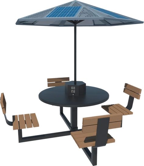 Picnic Table With Umbrella, Solar Umbrella, Plastic Lumber, Table With Umbrella, Ipe Wood, Concrete Pad, Off Grid Solar, Off Grid, Steel Design